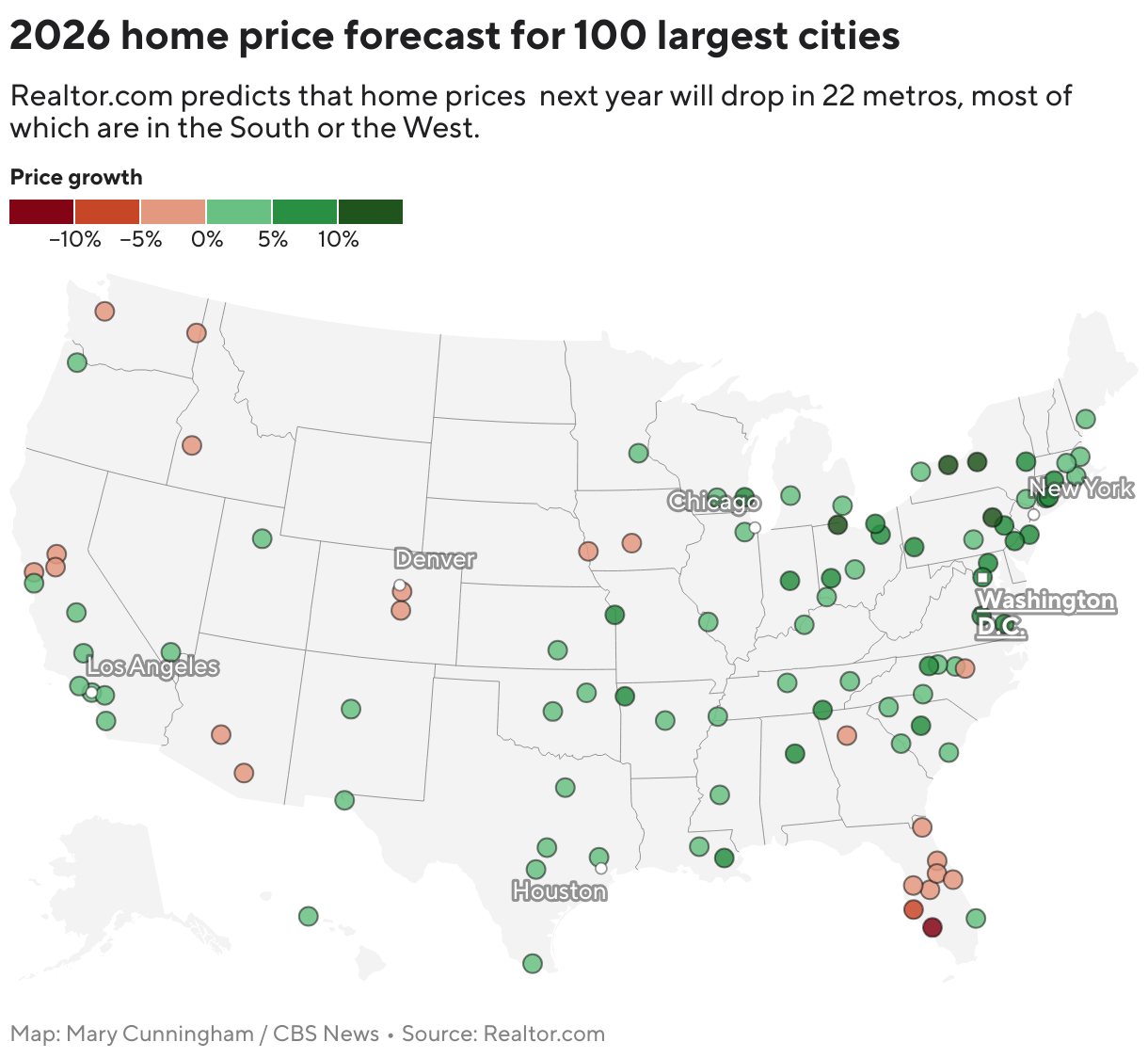 2026 home price forecast for 100 largest cities (Symbol map)